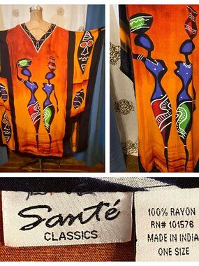 SANTE CLASSICS African Ethnic Boho Maxi Dress Caftan Beach Cover Up Hippy OS EUC